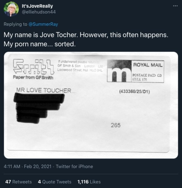 multimedia - It's Jove Really My name is Jove Tocher. However, this often happens. My porn name... sorted. Frrak? if undelivered please Gf Smith & Son London Lockwood Street Hul HU2OHL Royal Mail m Paper from Gf Smith Postace Paid Gb Mull 176 Mr Love Touc