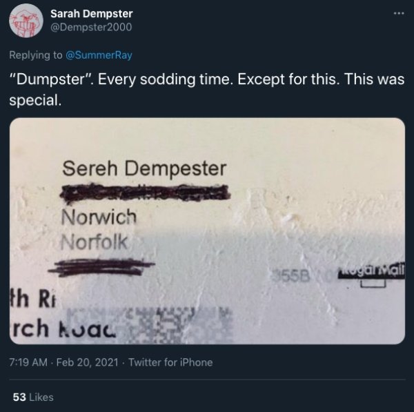 website - Sarah Dempster 2000 "Dumpster". Every sodding time. Except for this. This was special. Sereh Dempester Norwich Norfolk 3558 sogar mail th Ri Irch huac . . Twitter for iPhone 53
