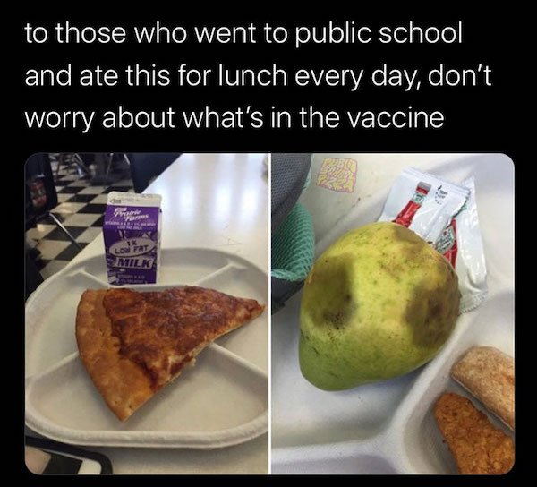 funny depressing memes - to those who went to public school and ate this for lunch every day, don't worry about what's in the vaccine
