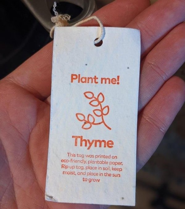 “The tag from my new frying pan can be planted to grow thyme.”