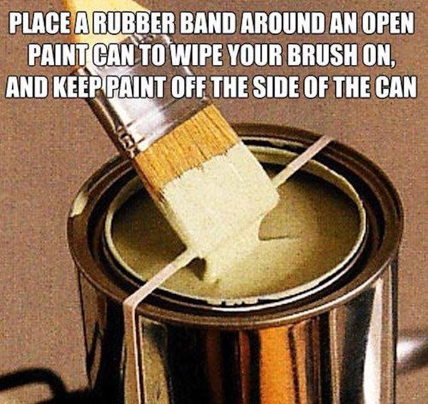 rubber band paint can - Place A Rubber Band Around An Open Paint Can To Wipe Your Brush On, And Keep Paint Off The Side Of The Can