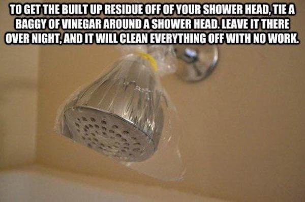 angle - To Get The Built Up Residue Off Of Your Shower Head Tie A Baggy Of Vinegar Around A Shower Head. Leave It There Over Night, And It Will Clean Everything Off With No Work.