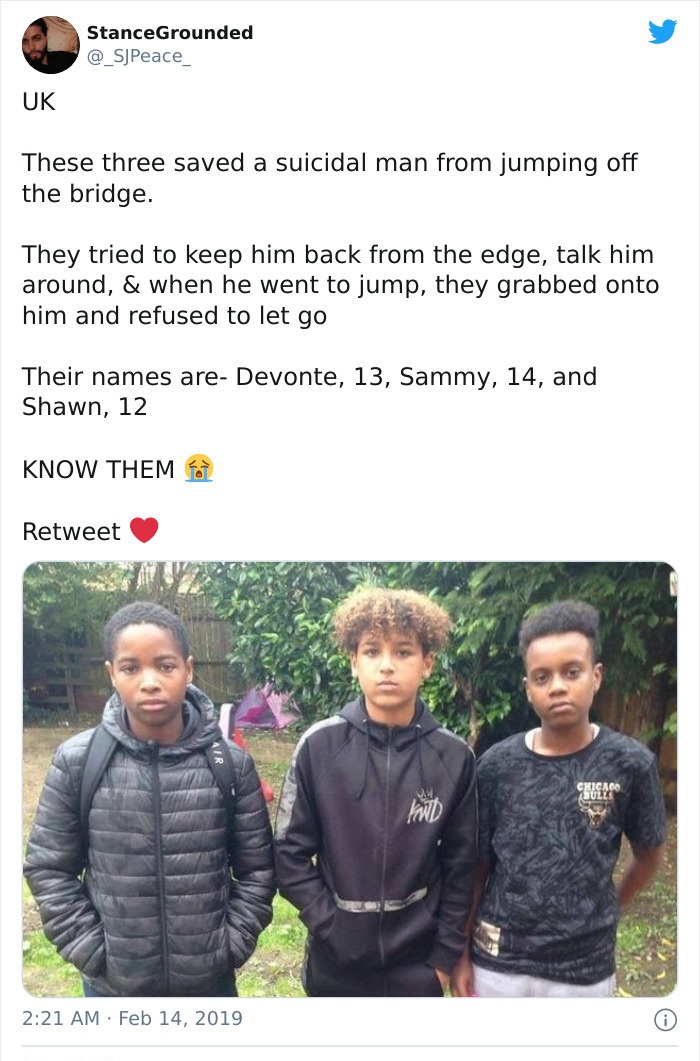 man about to jump off bridge - StanceGrounded Uk These three saved a suicidal man from jumping off the bridge. They tried to keep him back from the edge, talk him around, & when he went to jump, they grabbed onto him and refused to let go Their names are 
