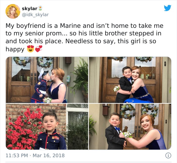 shoulder - skylar My boyfriend is a Marine and isn't home to take me to my senior prom... so his little brother stepped in and took his place. Needless to say, this girl is so happy 0