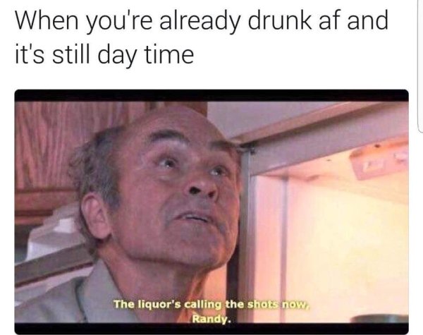 drunk af memes - When you're already drunk af and it's still day time The liquor's calling the shots now Randy.