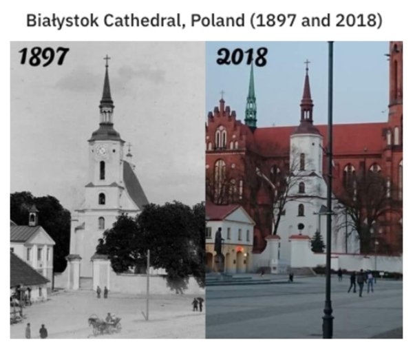 cool historic photographs - Biaystok Cathedral, Poland 1897 and 2018 1897 2018