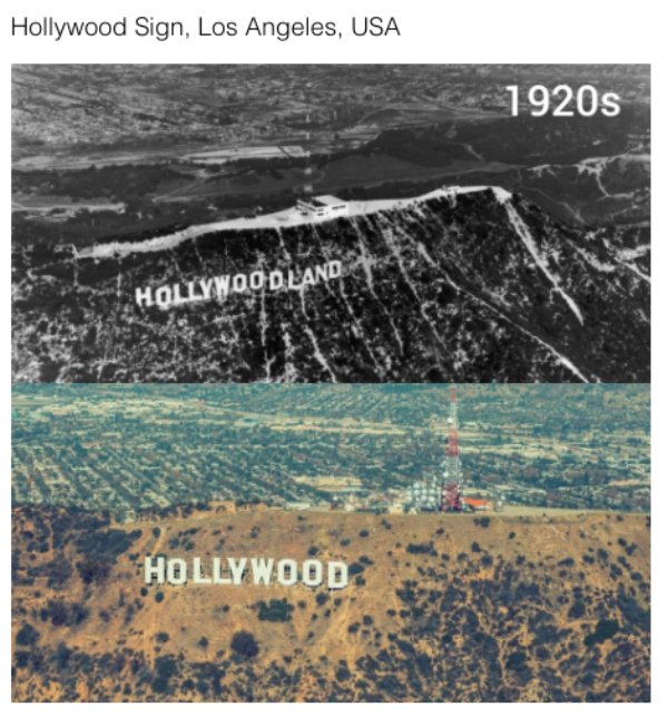 cool historic photographs - hollywood sign los angeles 1920s today