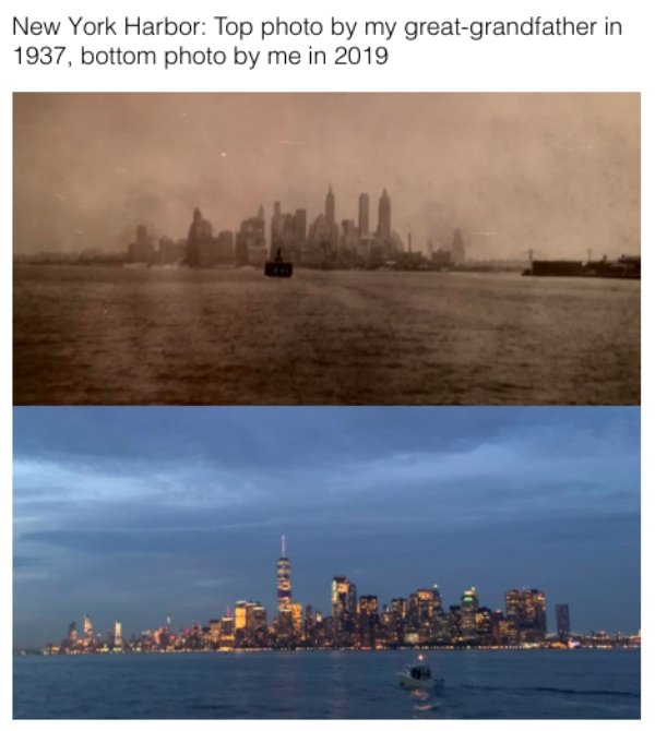 cool historic photographs - New York Harbor Top photo by my great-grandfather in 1937, bottom photo by me in 2019