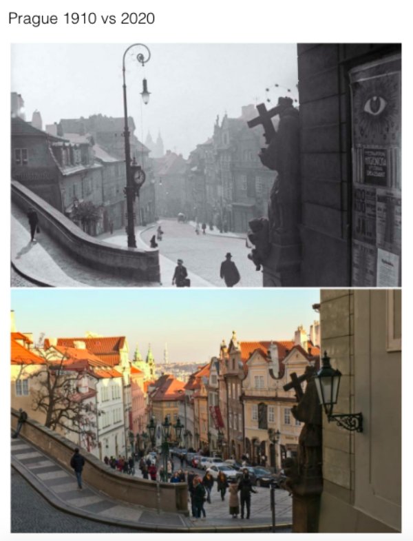 cool historic photographs - nerudova street - Prague 1910 vs 2020 Ta