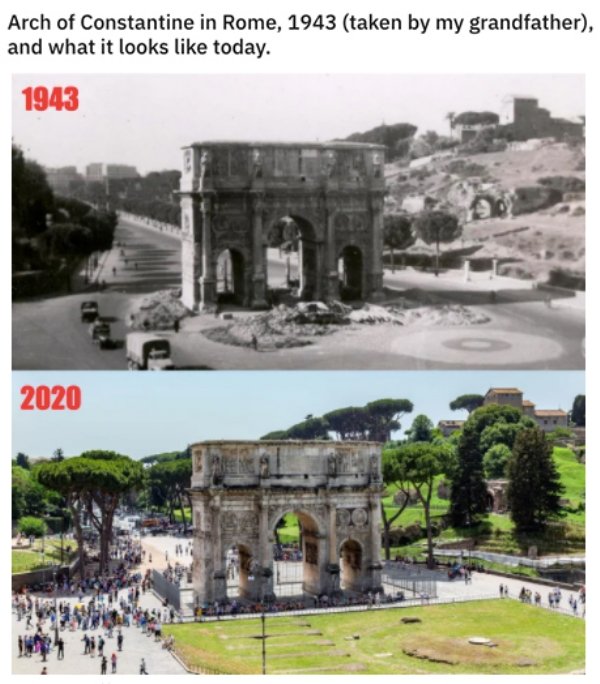 cool historic photographs - Arch of Constantine in Rome, 1943 taken by my grandfather, and what it looks today. 1943 2020