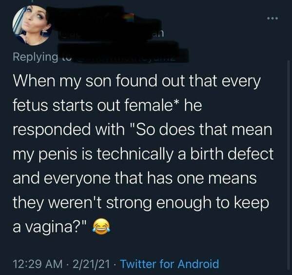 atmosphere - ing . When my son found out that every fetus starts out female he responded with "So does that mean my penis is technically a birth defect and everyone that has one means they weren't strong enough to keep a vagina?" 22121 Twitter for Android