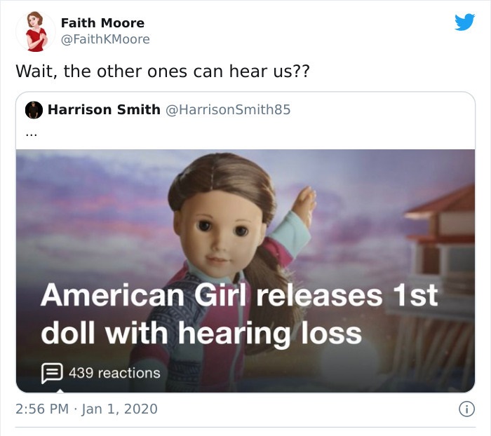 funny posts - american doll releases doll with hearing loss - Wait, the other ones can hear us??