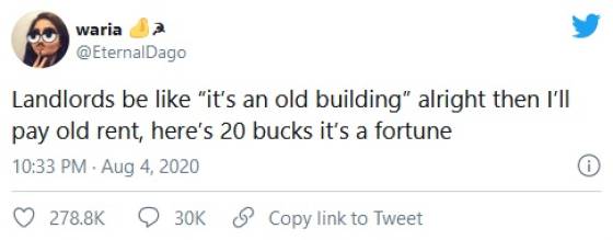 nancy pelosi our election was hijacked - waria Landlords be "it's an old building" alright then I'll pay old rent, here's 20 bucks it's a fortune O 30K Copy link to Tweet