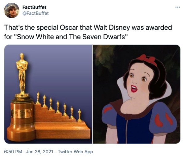 cartoon - FactBuffet That's the special Oscar that Walt Disney was awarded for "Snow White and The Seven Dwarfs" Twitter Web App