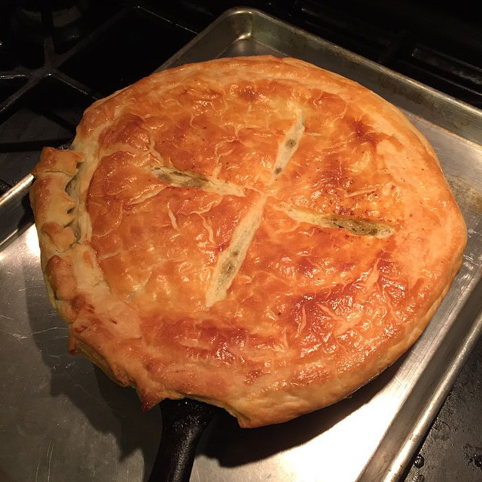 The chicken pot pie was made with old chicken from three to four days ago when we froze it. Nasty, and we wouldn’t make more pot pies unless we ran out.