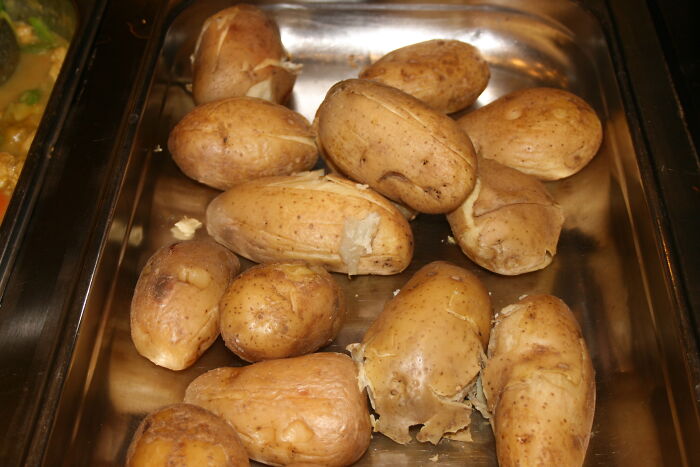 Never. Ever. Ever. Eat a baked potato after 4 PM. We stop making them after lunch, unless there’s a rush at dinner where we use the last of them and need to make more. Otherwise, it would be left in the warmer going soft and brown. We were told that if a baked potato was passable enough that a customer might not notice it was basically mush on the inside, we just cover it in toppings so there were no visual cues that it was gross and nasty.