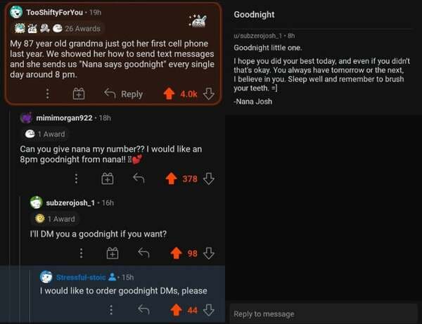 screenshot - Goodnight TooShiftyForYou 19h 9. @ 26 Awards My 87 year old grandma just got her first cell phone last year. We showed her how to send text messages and she sends us "Nana says goodnight every single day around 8 pm. subzerojosh_18h Goodnight