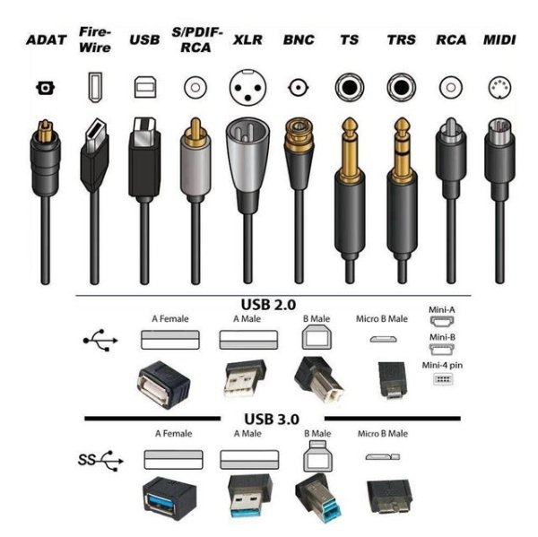 different types of connections - Adat Fire Wire Usb SPdif Xlr Rca Bnc Ts Trs Rca Midi O Coco Usb 2.0 A Male MiniA A Female B Male Micro B Male of MiniB Mini4 pin A Female Usb 3.0 A Male B Male Micro B Male ss&