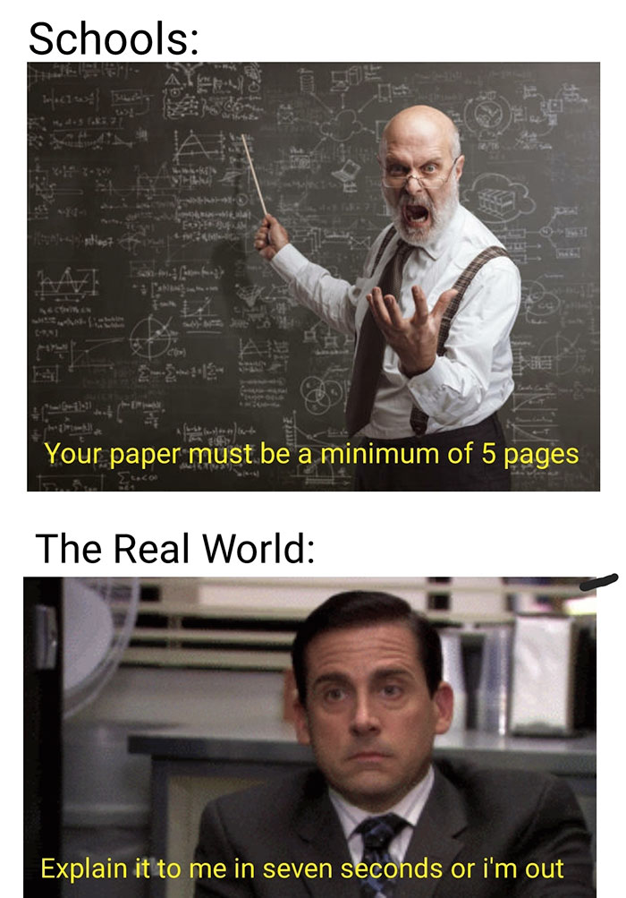 relatable memes - michael scott surprise gif - Schools Allen Elu shoot Your paper must be a minimum of 5 pages c.com The Real World Explain it to me in seven seconds or i'm out