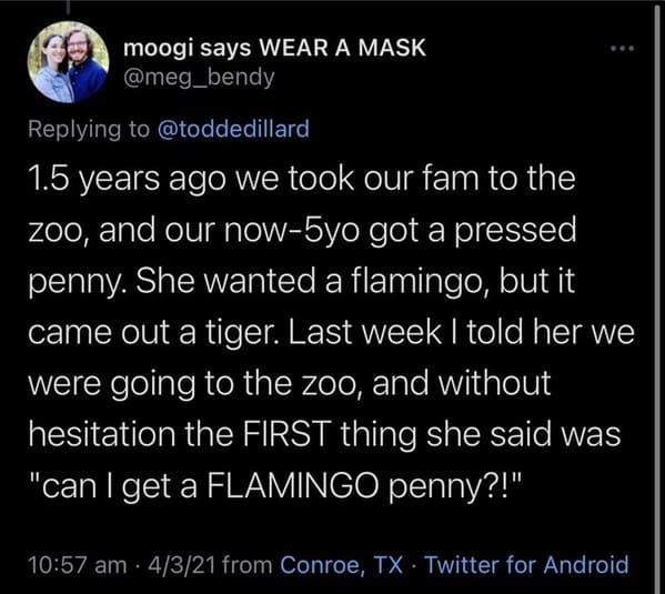 funny grudges - 1.5 years ago we took our fam to the zoo, and our now5yo got a pressed penny. She wanted a flamingo, but it came out a tiger. Last week I told her we were going to the zoo, and without hesitation the First thing she said