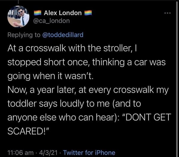 funny grudges - At a crosswalk with the stroller, 1 stopped short once, thinking a car was going when it wasn't. Now, a year later, at every crosswalk my toddler says loudly to me and to anyone else who can hear