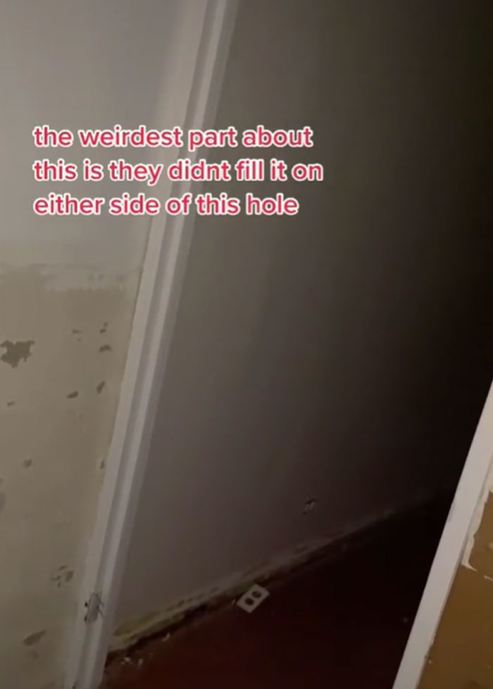 That’s when her eyes fell on a draft from the mirror hanging over the bathroom sink. At that point, she noticed that the mirror was not quite connected to the wall and the cold air beneath it felt suspect. So she lifted the mirror only to discover there was no wall beneath it, but a dark hole gaping in the wall, and the air was coming straight from it.