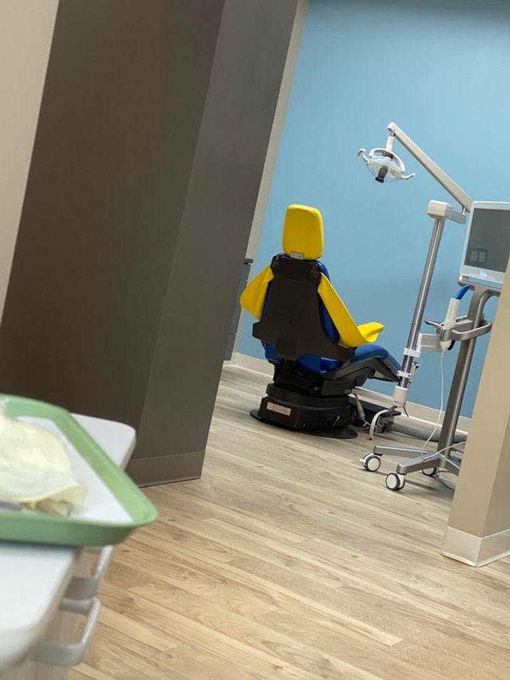 “This orthodontist chair looks like a Lego man sitting down.”