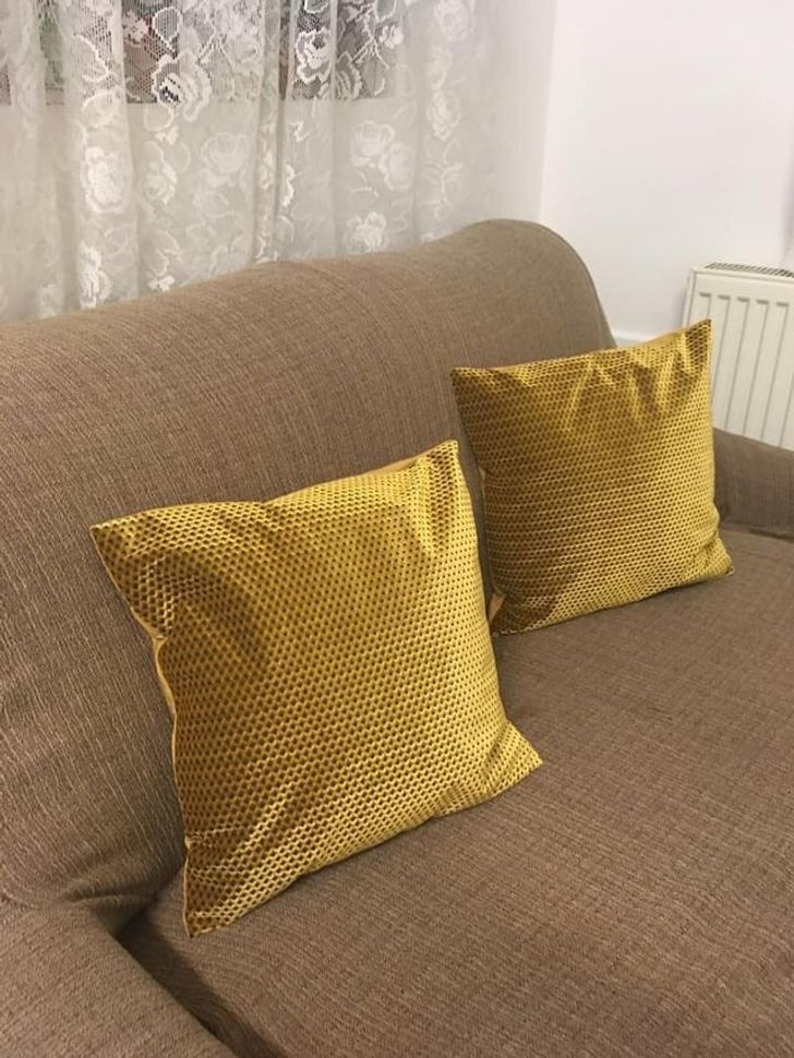 “These throw pillows look like a poorly done photoshop placement, but it’s just how they reflected the light.”