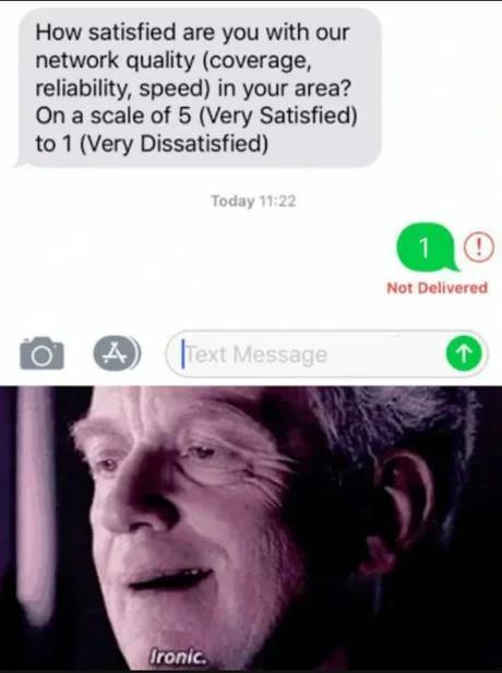 pathetic meme star wars - How satisfied are you with our network quality coverage, reliability, speed in your area? On a scale of 5 Very Satisfied to 1 Very Dissatisfied Today 1 ! Not Delivered 4 Text Message T Ironic.