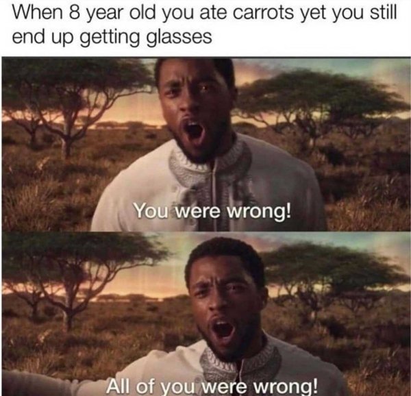 chadwick boseman memes - When 8 year old you ate carrots yet you still end up getting glasses You were wrong! All of you were wrong!