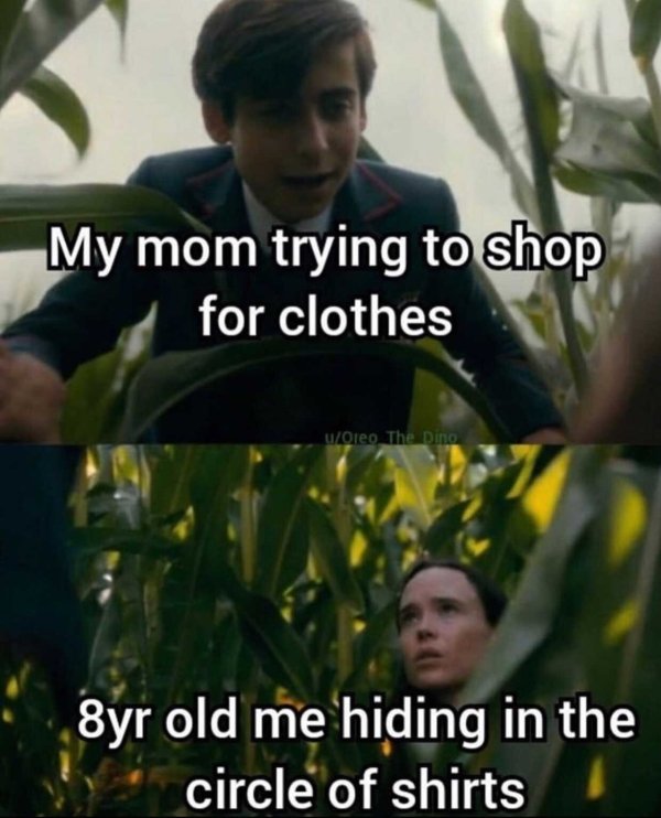 umbrella academy memes clean - My mom trying to shop for clothes uoreo The Dino 8yr old me hiding in the circle of shirts