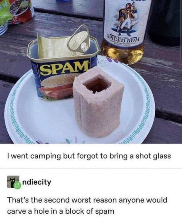 went camping but forgot a shot glass - red Spiced Rum Spam I went camping but forgot to bring a shot glass ndiecity That's the second worst reason anyone would carve a hole in a block of spam