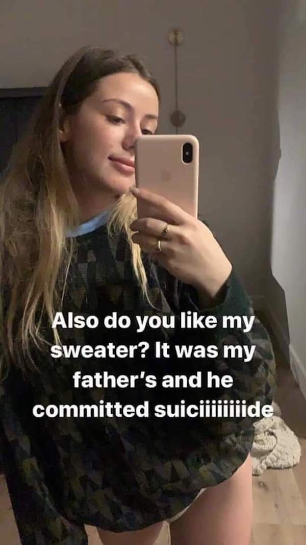 caroline calloway dad suicide - Also do you my sweater? It was my father's and he committed suiciiiiiiiide