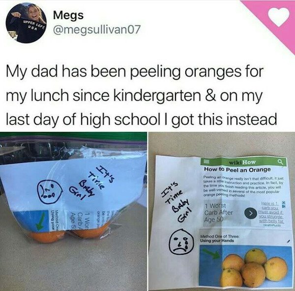 peel oranges meme - Upper Left Wsa Megs My dad has been peeling oranges for my lunch since kindergarten & on my last day of high school I got this instead wikiHow How to Peel an Orange Peeling a range really isn't do it just take a little instruction and 