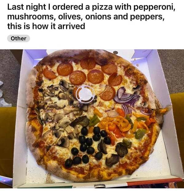 california style pizza - Last night I ordered a pizza with pepperoni, mushrooms, olives, onions and peppers, this is how it arrived Other Di