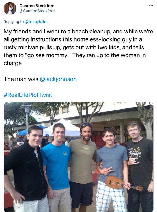 t shirt - ... Camron Stockford My friends and I went to a beach cleanup, and while we're all getting instructions this homelesslooking guy in a rusty minivan pulls up, gets out with two kids, and tells them to "go see mommy." They ran up to the woman in c