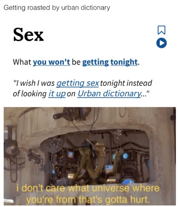 don t care what universe you re - Getting roasted by urban dictionary Sex What you won't be getting tonight. "I wish I was getting sex tonight instead of looking it up on Urban dictionary..." i don't care what universe where you're from that's gotta hurt.