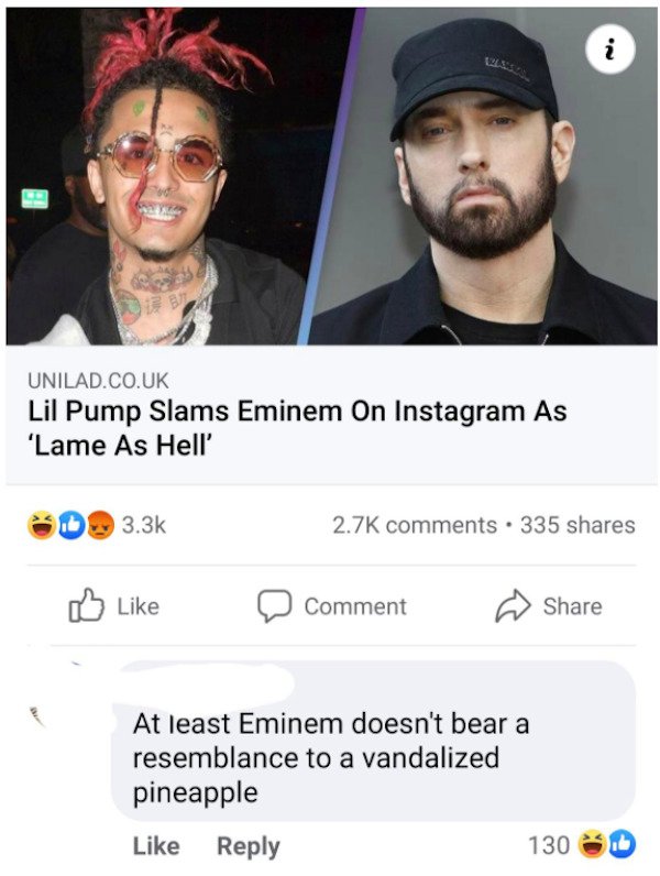 rare insults - i Unilad.Co.Uk Lil Pump Slams Eminem On Instagram As 'Lame As Hell' . 335 Comment At least Eminem doesn't bear a resemblance to a vandalized pineapple 130