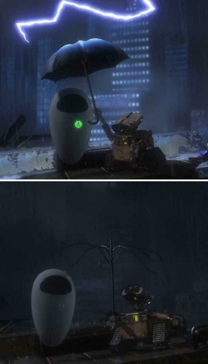 If You Look Closely After The Lightning Strikes The Umbrella Wall-E Is Holding The Electricity From The Bolt Charges His Battery Back To Full