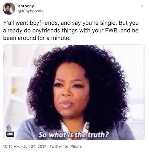 audrey jensen memes - anthony Y'all want boyfriends, and say you're single. But you already do boyfriends things with your Fwb, and he been around for a minute. Gif So what is the truth? . Twitter for iPhone