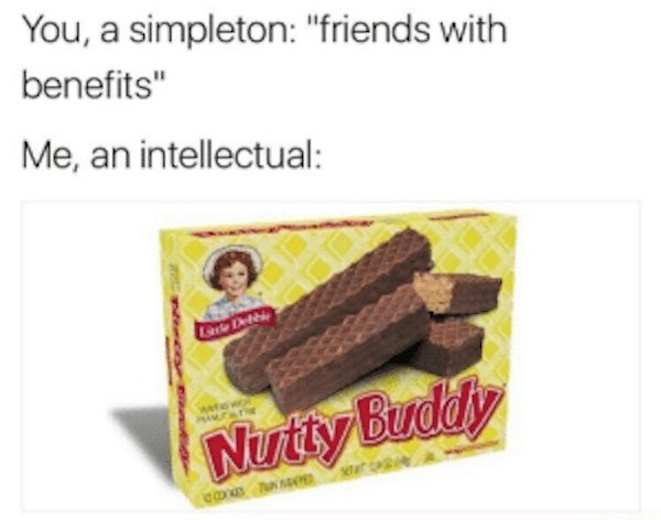 wafer - You, a simpleton "friends with benefits" Me, an intellectual Nutty Buddy cons