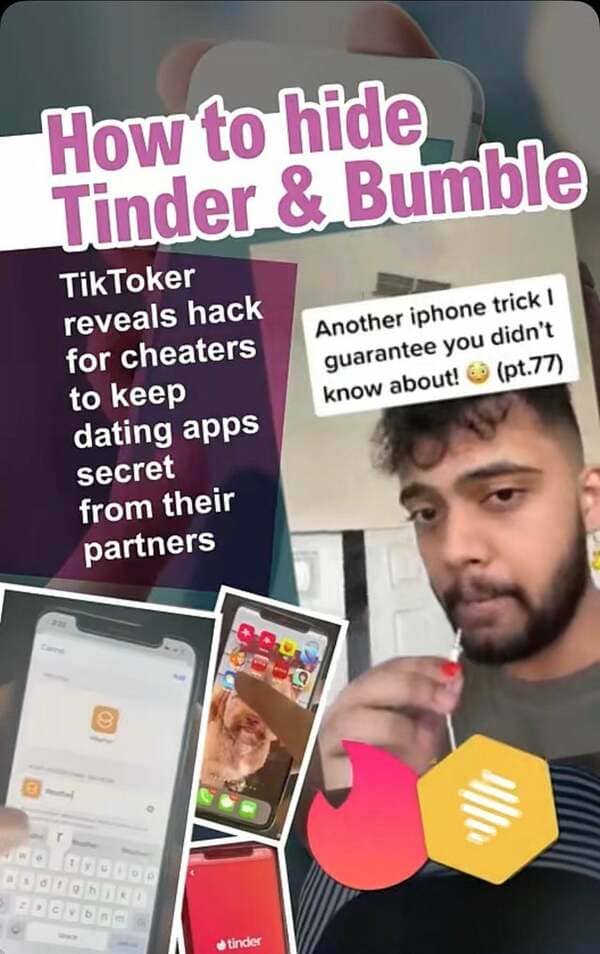 photo caption - How to hide Tinder & Bumble Another iphone trick 1 guarantee you didn't know about! pt.77 TikToker reveals hack for cheaters to keep dating apps secret from their partners Ca tinder