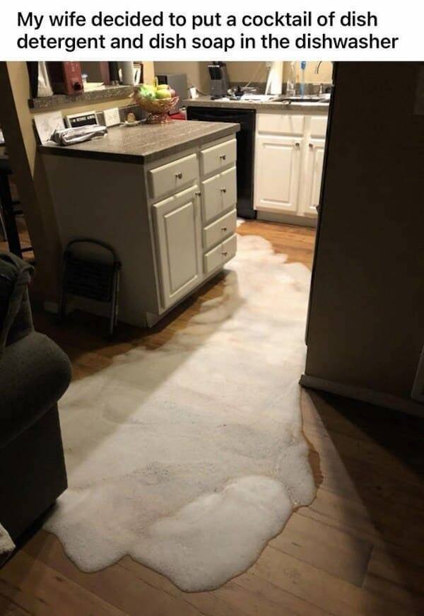 floor - My wife decided to put a cocktail of dish detergent and dish soap in the dishwasher