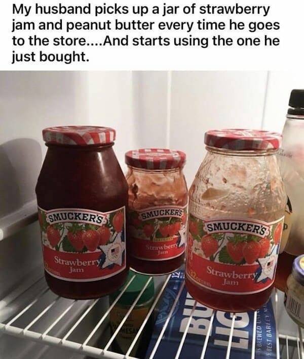 fruit preserve - My husband picks up a jar of strawberry jam and peanut butter every time he goes to the store...And starts using the one he just bought. Smucker'S Smuckers Smuckers Strawberry Strawberry Jam Strawberry Jam 911 Brewed Un Best Barley
