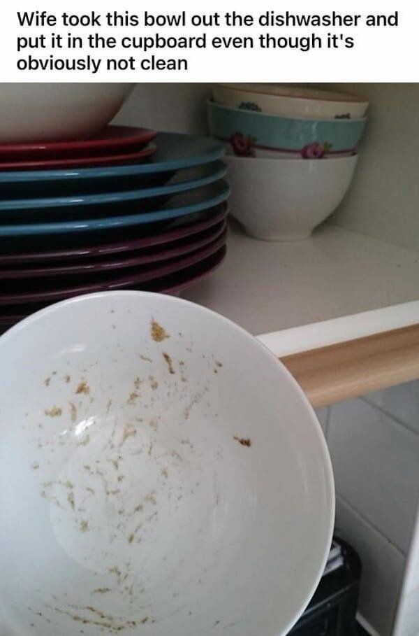 tableware - Wife took this bowl out the dishwasher and put it in the cupboard even though it's obviously not clean
