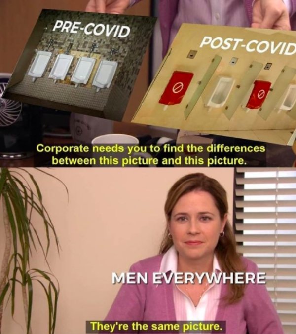 funny memes for men - the office pam meme - PreCovid PostCovid urinals Corporate needs you to find the differences between this picture and this picture. Men Everywhere They're the same picture.