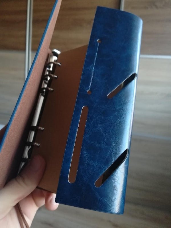 What are these cutouts on the cover of my notebook?

A: The slots are for card holding. If you google pirate journal 6 ring binder, or jack sparrow journal, something like that, you could find a whole bunch of them with this design.