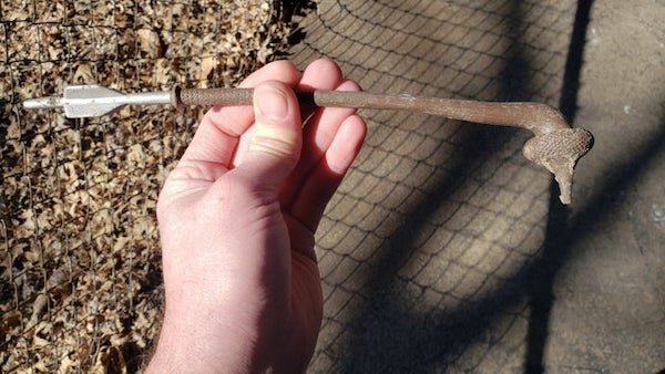 What is thing found in a backyard in south central Illinois? A dart with a bent tip that looks like a textured Hershey’s Kiss? Appears to be about a foot long and made of plastic or metal.

A: It’s the weapon from a toy Tuscan raider (Star Wars)