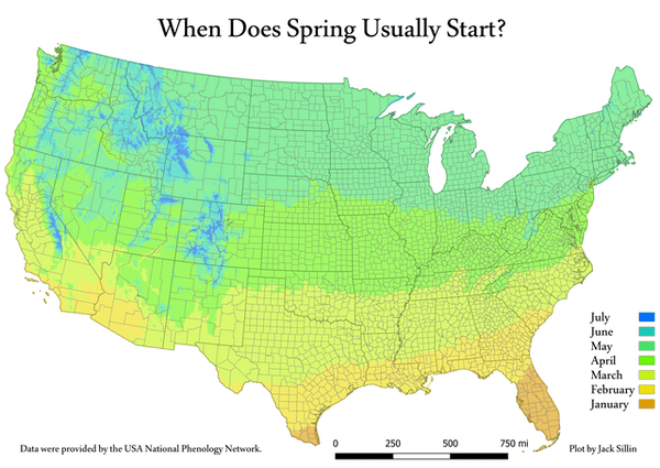 us sunshine percentage map - When Does Spring Usually Start? July June May April March February January 0 250 500 750 mi Data were provided by the Usa National Phenology Network Plot by Jack Sillin