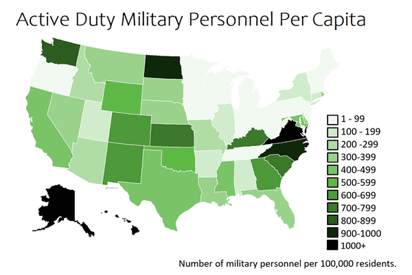 united states of america map 4 - colorful usa - Active Duty Military Personnel Per Capita 1 99 | 100 199 200299 300399 400499 500599 600699 700799 800899 9001000 1000 Number of military personnel per 100,000 residents.